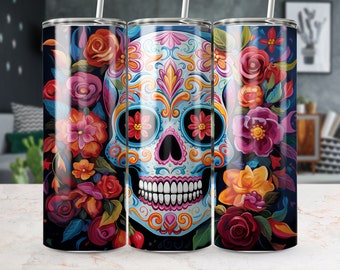 20 oz Cool Tumbler Art - Colorful Skull Sublimation Design PNG