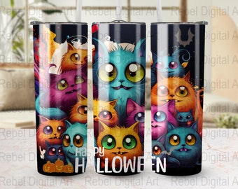 Colorful Halloween Cats 20 oz Skinny Tumbler Sublimation Design Digital Download PNG Instant DIGITAL ONLY, Colorful Multi-Cats Tumbler