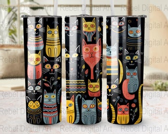 Colorful Black background Cats 20 oz Skinny Tumbler Sublimation Design Digital Download PNG Instant DIGITAL ONLY, Colorful Cats Tumbler