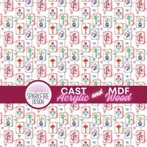 May include: A repeating pattern of rectangular tiles with Asian-inspired illustrations. The tiles feature images of dragons, flowers, vases, and umbrellas in shades of red, blue, and pink. The text "CAST Acrylic and MDF Wood" is visible.