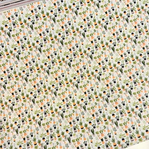 May include: A repeating pattern of potted plants in various sizes and styles. The plants have green leaves and are in pots of orange, black, and gray. The background is a light cream color.