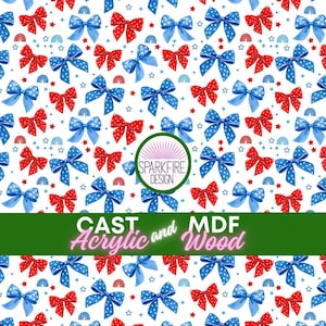 May include: A repeating pattern of red and blue bows with white polka dots and solid blue bows on a white background. The bows are interspersed with stars, rainbows, and the text "CAST Acrylic and MDF Wood". A green circle with the text "SPARKFIRE DESIGN" is also present.