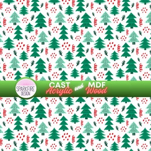 May include: A white background patterned with repeating dark green and light mint green Christmas trees, small dark green sprigs, and red dots. A green horizontal banner across the center displays the text SPARKFIRE DESIGN CAST and MDF Acrylic and Wood.
