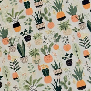 May include: A repeating pattern of potted plants in various styles and sizes. The pots are in shades of orange, black, and white, with green foliage. The background is a light cream color with small floral accents.