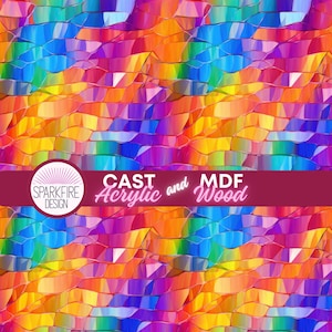 May include: A vibrant, abstract pattern featuring a mosaic of colorful, irregular shapes in shades of red, orange, yellow, green, blue, and purple. The design includes the text "CAST Acrylic and MDF Wood" and a logo.