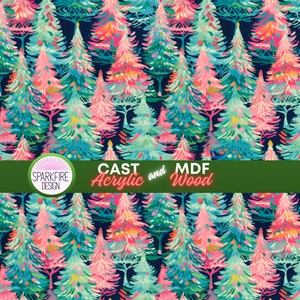 May include: A repeating pattern of stylized evergreen trees in shades of pink, teal, and light blue against a dark navy background. A green horizontal banner across the center displays the text SPARKFIRE DESIGN CAST and MDF Acrylic and Wood.