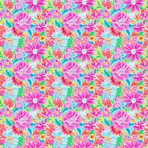 May include: A vibrant floral pattern featuring a dense arrangement of pink, fuchsia, and orange flowers, interspersed with green and blue foliage. The design is a repeating pattern, creating a lively and colorful textile or surface design.