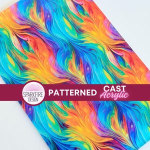 May include: A vibrant, patterned cast acrylic sheet with a swirling design in shades of blue, orange, yellow, and purple. The sheet has a glossy finish and features the text "Sparkfire Design" and "Patterned Cast Acrylic".