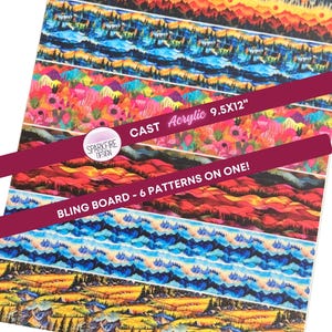May include: A cast acrylic bling board featuring six distinct landscape patterns. The patterns include mountain ranges, forests, and floral designs in vibrant colors. The board measures 9.5 x 12 inches and has the text "BLING BOARD - 6 PATTERNS ON ONE!"