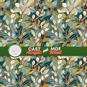 May include: A repeating pattern of painted olive branches with dark red berries, cream, and dark green leaves on a muted blue-green background. A green horizontal banner displays the text SPARKFIRE DESIGN CAST and MDF Acrylic and Wood.