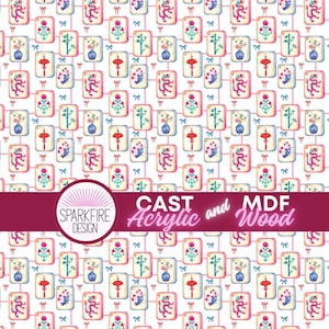 May include: A repeating pattern of colorful, rectangular tiles with various designs, including flowers, vases, and dragons, set against a white background. The text "CAST Acrylic and MDF Wood" is displayed.