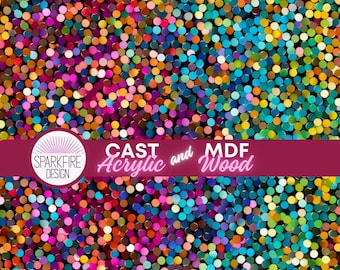 May include: Abstract design featuring a dense pattern of colorful, cylindrical shapes in shades of pink, purple, blue, green, orange, and yellow. The design includes the text "CAST Acrylic and MDF Wood" and a logo that says "SPARKFIRE DESIGN".