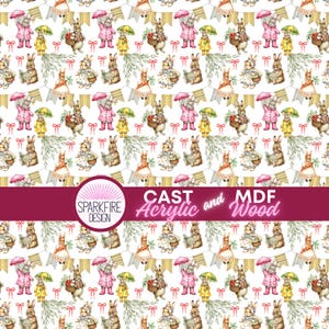 May include: A repeating pattern featuring watercolor illustrations of bunnies in various outfits. Some bunnies wear raincoats and hold umbrellas, while others carry baskets or read books. The design includes banners and bows, with the text "SPARKFIRE DESIGN" and "CAST Acrylic and MDF Wood".