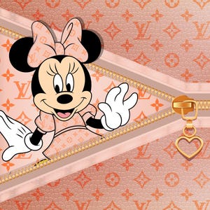 May include: A light peach-colored background with a repeating orange monogram pattern features a cartoon character with black ears, a matching bow, and white gloves. A gold zipper runs diagonally across the image with a heart-shaped charm attached.