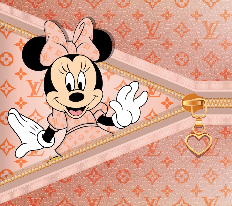 May include: A light peach-colored background with a repeating orange monogram pattern features a cartoon character with black ears, a matching bow, and white gloves. A gold zipper runs diagonally across the image with a heart-shaped charm attached.