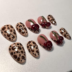 Cherries and cheetah print press on nails