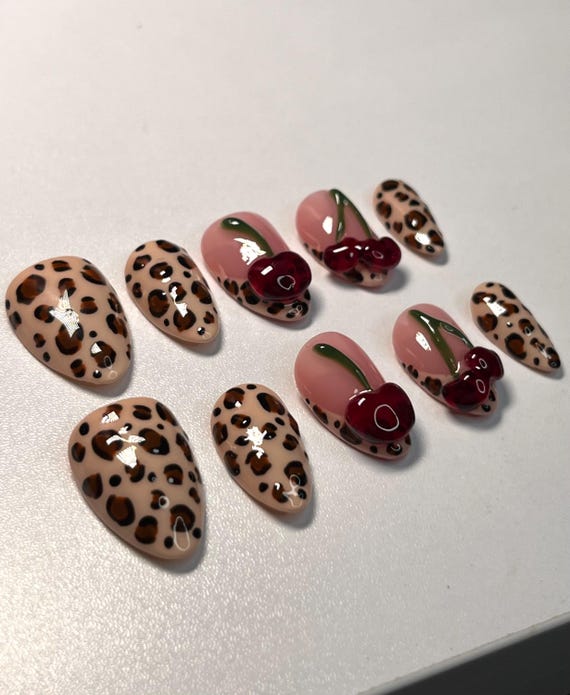 Cherries and cheetah print press on nails