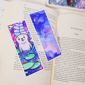 2 Holographic Bookmarks Set, hand painted watercolor bookmark print| book lover gift| cute bookmark set