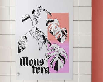 May include: A black and white illustration of a monstera plant with the text "mons tera" printed below. The illustration is on a white background with a pink and orange gradient behind the plant.