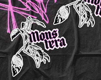 May include: Black and white illustration of a monstera plant with the text "monstera" in pink lettering on a crumpled black background.
