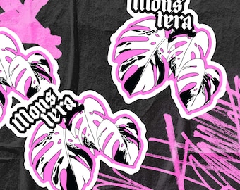 May include: Two black and white monstera leaf illustrations with pink outlines and the text "Monstera" in a bold, pink font.