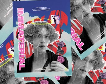 May include: A collage poster with a blue background and the word "IMMATERIAL" in pink letters. The poster features a black and white photo of a person with curly hair and a halo. The poster also includes a red and white abstract design with a cloud-like shape.