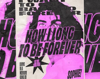 May include: A pink and black poster with the text "I want to go back to forever" and "How long to be forever". The poster also includes the text "Living in a memory gone by" and "Set my soul free".