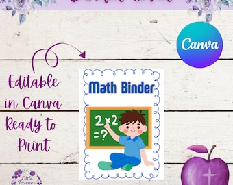 May include: A binder cover design with the text "Binder Cover" in purple script. The cover features a "Math Binder" graphic with a child and a math problem. The words "Editable in Canva Ready to Print" are also included.
