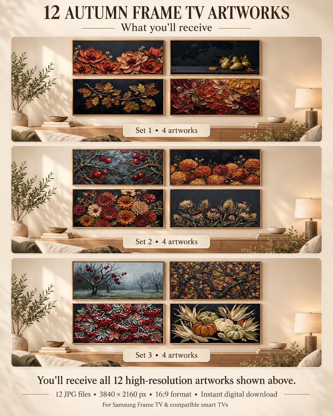 Autumn Frame TV Art Set of 12, Moody Fall Impasto Paintings, Harvest ...