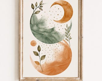 Grafika przedstawiająca fazę księżyca, sztuka ścienna w stylu boho z terakoty i szałwii (do pobrania w wersji cyfrowej)