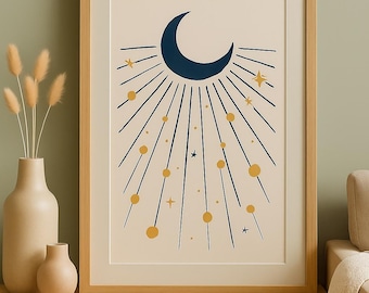 Boho Crescent Moon Art Print – Navy and Gold Celestial Decor (Digital Download)