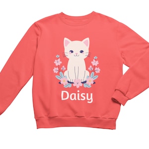 Aangepast herfstsweater kat ontwerp voor peutermeisjes – Gepersonaliseerde trui en sweater met bloemenprint, perfecte kerst- en verjaardagscadeaus