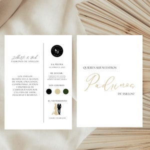 Modèle espagnol Padrinos de Anillos : personnalisable et prêt à l'emploi | Padrinos de Boda Catolica | Carte de proposition de Padrino de Anillos