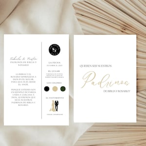 Modelo espanhol Padrinos de Biblia y Rosario: personalizável e pronto para usar | Padrinos de Boda Católica | Cartão de proposta da Biblia y Rosario