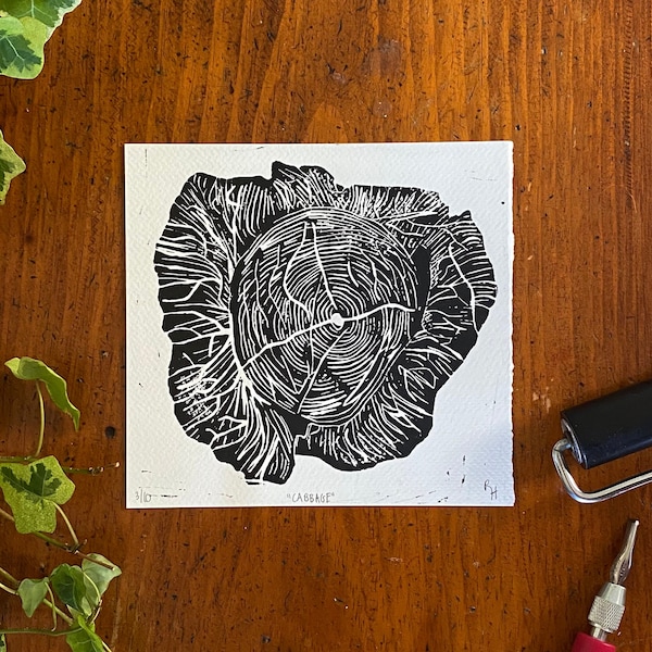 Cabbage Print - Fine Art Linoleum Block Print - Wall Art