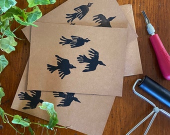 Crow Card (Set of 3) - Fine Art Linoleum Block Print - Greeting Card