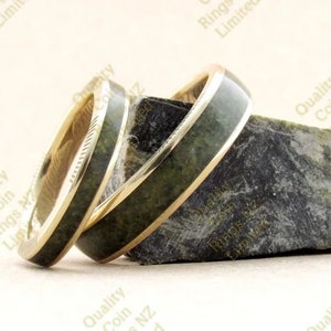 NZ One Dollar Coin Ring with Greenstone inlay ring