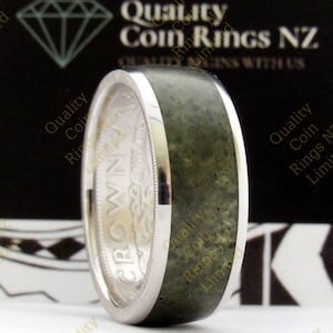 50% Silver Half Crown NZ coin ring with Pounmau (Greenstone) inlay