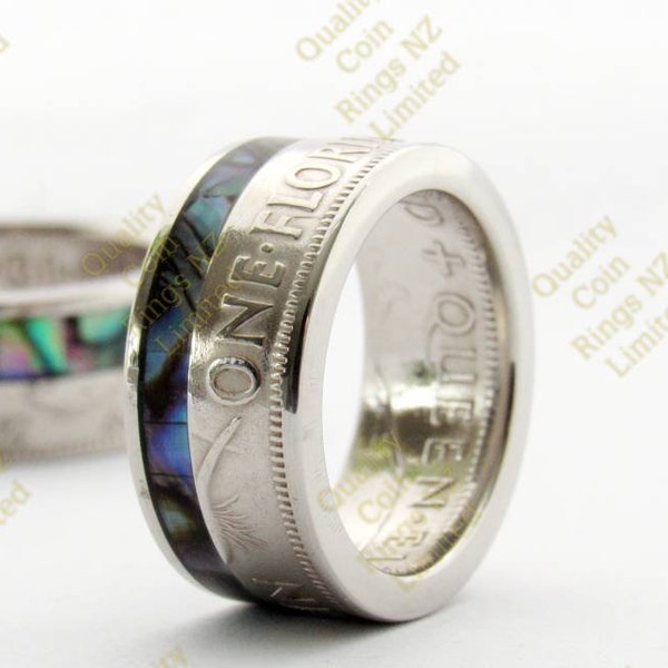 Florin NZ coin ring with Paua Shell (Abalone) inlay