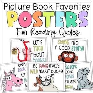 以下が含まれることがあります： 楽しい読書の名言が書かれたカラフルなポスターのコレクション。ポスターには、ドラゴン、猿、ユニコーン、犬、鳩の漫画イラストが描かれています。「Picture Book Favorites」、「POSTERS」、「Fun Reading Quotes」などのテキストが含まれています。