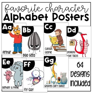 Pósters imprimibles de letras del alfabeto de personajes de libros favoritos de la biblioteca
