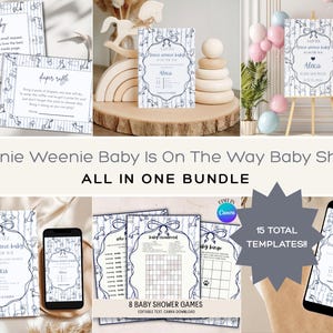 Op de afbeelding: Een bundel babyshower-sjablonen met een blauw en wit teckelthema. De bundel bevat uitnodigingen, spelletjes en borden. De tekst "A Teenie Weenie Baby Is On The Way Baby Shower" is zichtbaar. De bundel bevat 15 sjablonen.