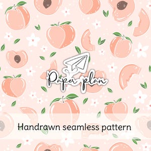 Peut inclure: Motif sans couture dessiné à la main avec des pêches, des fleurs blanches et des feuilles vertes sur fond rose clair. Le texte "Paper plan" et "Handrawn seamless pattern" sont également inclus.