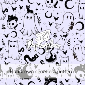 Peut inclure: Motif sans couture avec des fantômes, des chats, des chauves-souris, des lunes, des étoiles et des fioles de potion en noir et blanc sur fond violet clair. Le texte "Paper plan" et "Handdrawn seamless pattern" est également inclus.