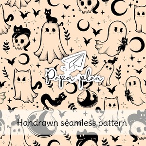 Peut inclure: Motif sans couture avec des fantômes, des chats noirs, des crânes, des chauves-souris, des lunes, des étoiles et des fioles de potion en noir et crème. Le texte "Paper plan" et "Handdrawn seamless pattern" sont présents.