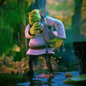 Shrek carrying donkey through swamp