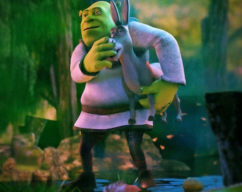 Shrek llevando burro a través del pantano