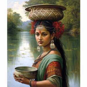 Digital art, Beautiful Indian lady with pots