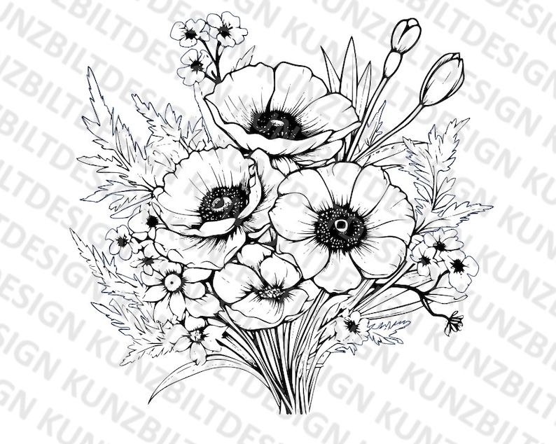Wildflower Bouquet Outline SVG, Downloadable Flower Picture, SVG, Vinyl