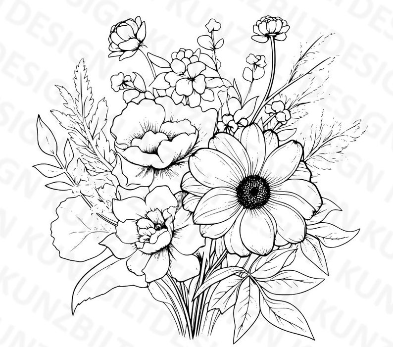 Wildflower Bouquet Outline SVG, Downloadable Flower Picture, SVG, Vinyl